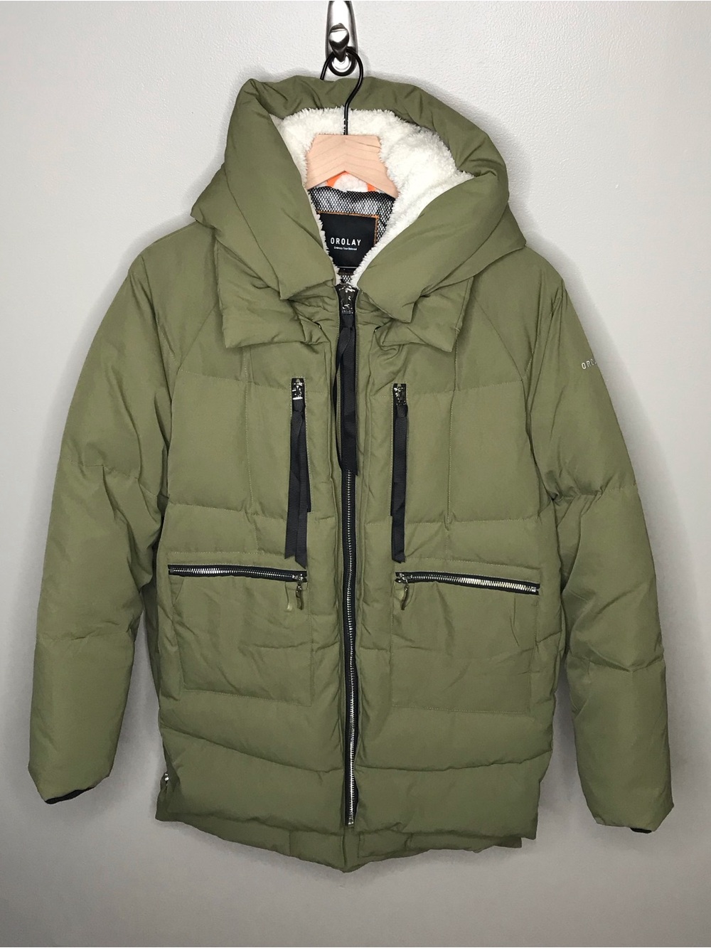OROLAY Women's Olive Green Puffer Ski Jacket with Sherpa Hood Sz Large